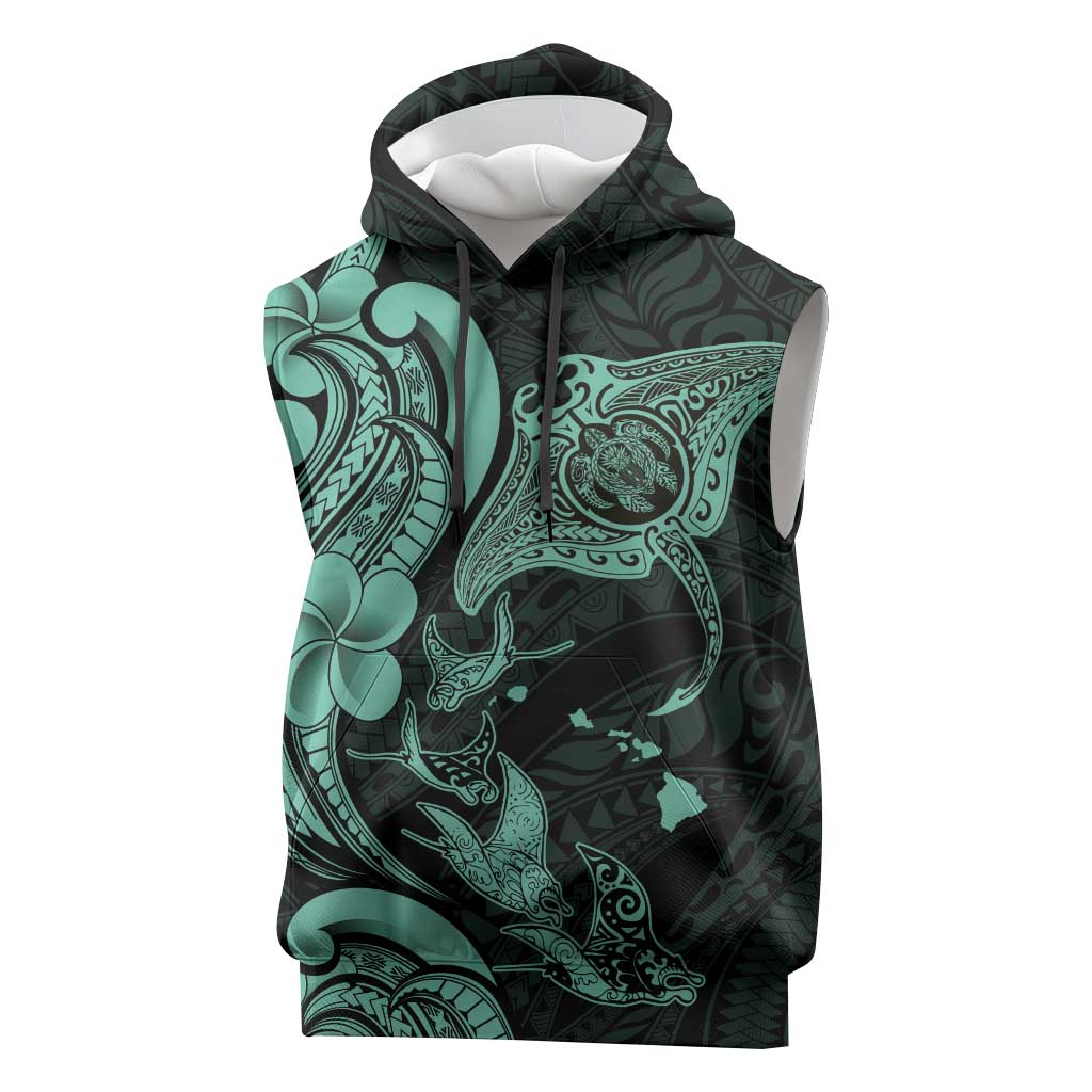 Hawaiian Manta Rays Sleeveless Hoodie Tribal Hibiscus Polynesian Tattoos Turquoise Color LT03 Turquoise - Polynesian Pride