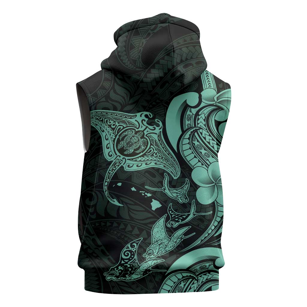 Hawaiian Manta Rays Sleeveless Hoodie Tribal Hibiscus Polynesian Tattoos Turquoise Color LT03 - Polynesian Pride