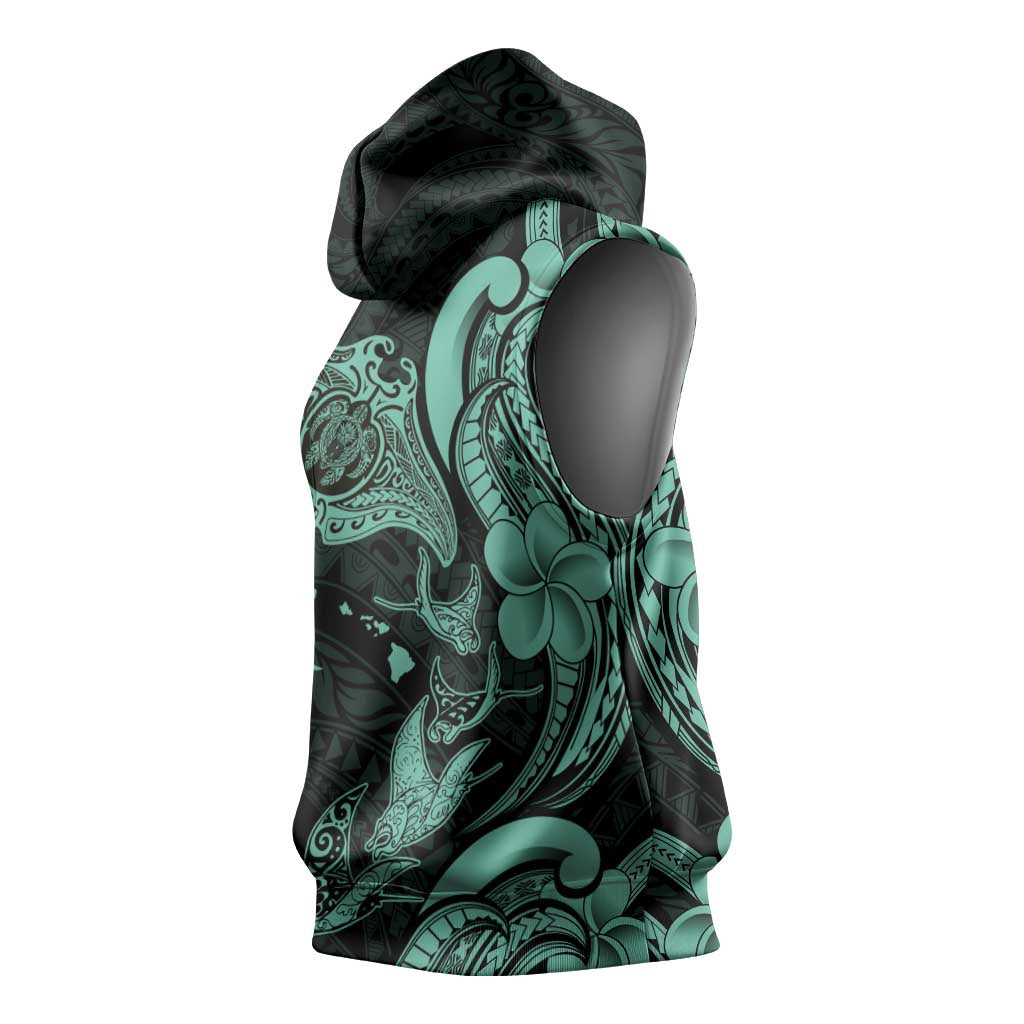 Hawaiian Manta Rays Sleeveless Hoodie Tribal Hibiscus Polynesian Tattoos Turquoise Color LT03 - Polynesian Pride