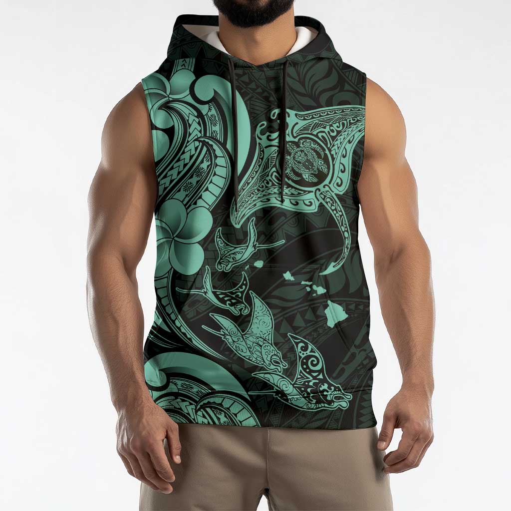 Hawaiian Manta Rays Sleeveless Hoodie Tribal Hibiscus Polynesian Tattoos Turquoise Color LT03 - Polynesian Pride