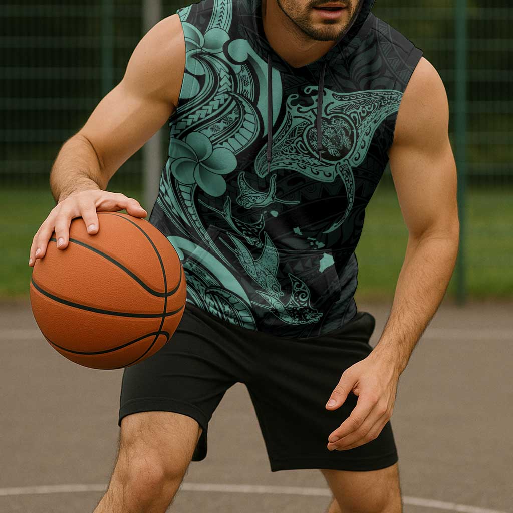 Hawaiian Manta Rays Sleeveless Hoodie Tribal Hibiscus Polynesian Tattoos Turquoise Color LT03 - Polynesian Pride