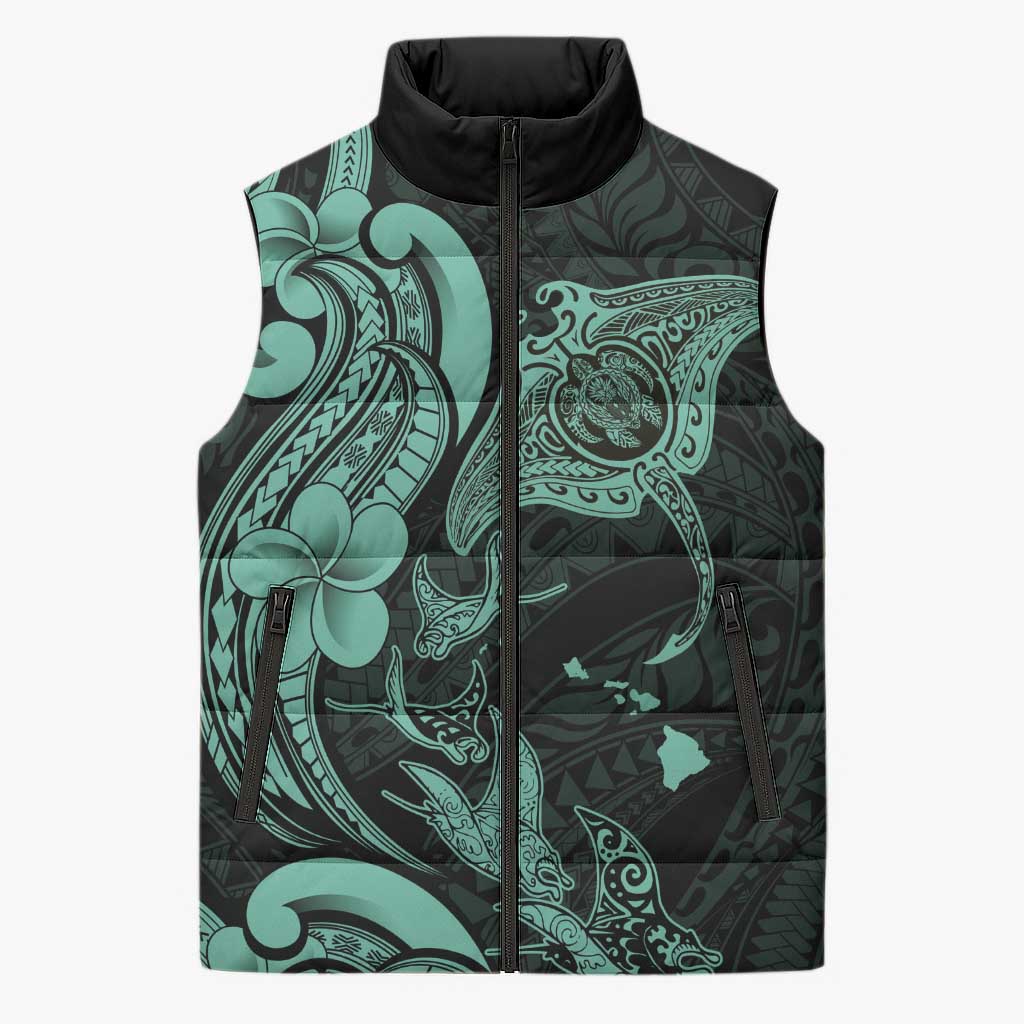 Hawaiian Manta Rays Sleeveless Puffer Jacket Tribal Hibiscus Polynesian Tattoos Turquoise Color LT03 Unisex Turquoise - Polynesian Pride