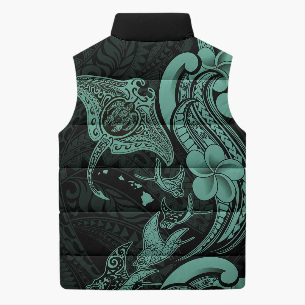 Hawaiian Manta Rays Sleeveless Puffer Jacket Tribal Hibiscus Polynesian Tattoos Turquoise Color LT03 - Polynesian Pride