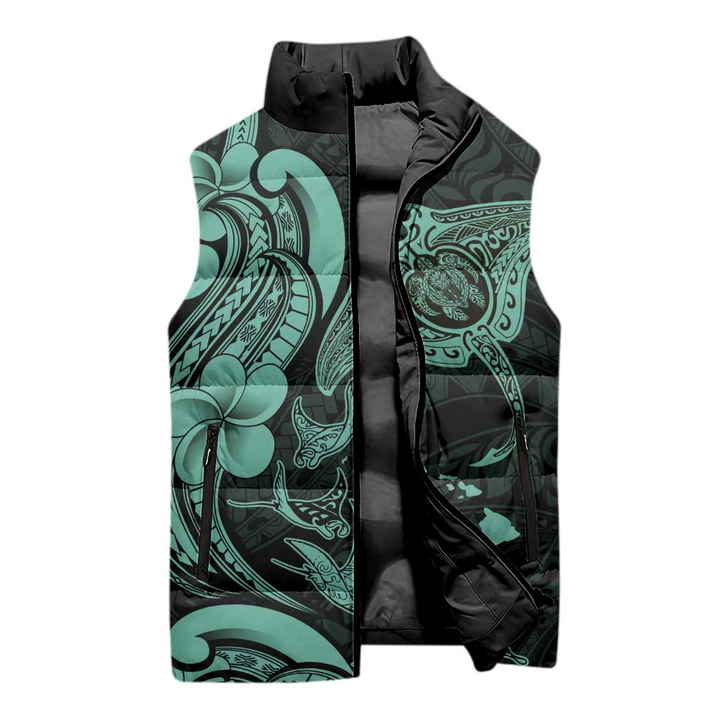 Hawaiian Manta Rays Sleeveless Puffer Jacket Tribal Hibiscus Polynesian Tattoos Turquoise Color LT03 - Polynesian Pride