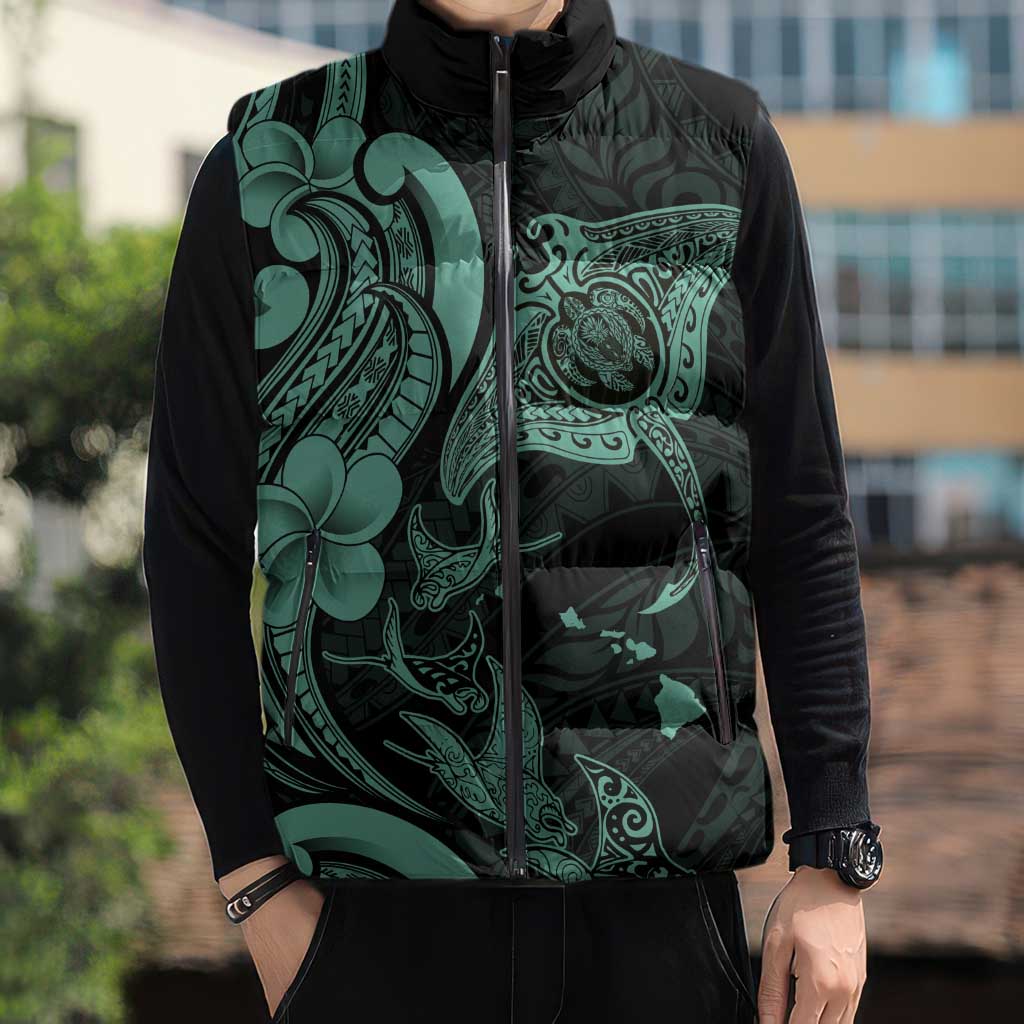 Hawaiian Manta Rays Sleeveless Puffer Jacket Tribal Hibiscus Polynesian Tattoos Turquoise Color LT03 - Polynesian Pride