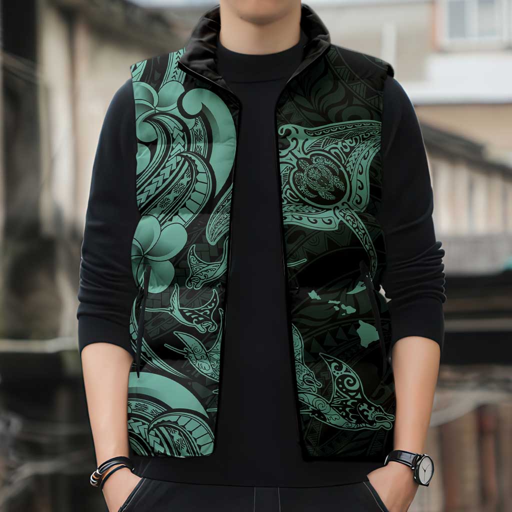 Hawaiian Manta Rays Sleeveless Puffer Jacket Tribal Hibiscus Polynesian Tattoos Turquoise Color LT03 - Polynesian Pride