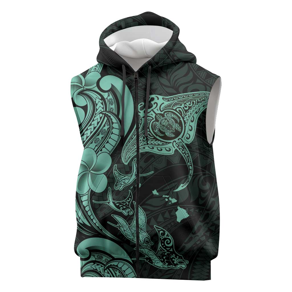 Hawaiian Manta Rays Sleeveless Zip Hoodie Tribal Hibiscus Polynesian Tattoos Turquoise Color LT03 Turquoise - Polynesian Pride