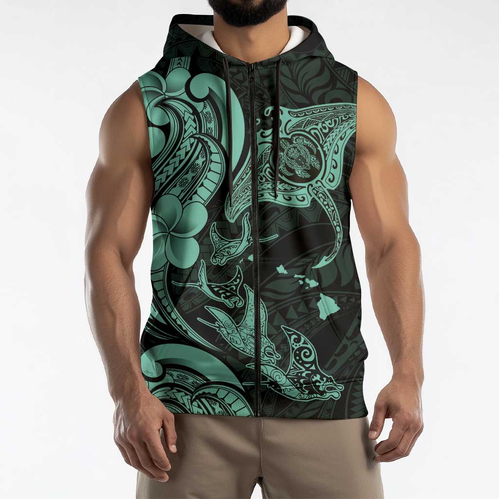 Hawaiian Manta Rays Sleeveless Zip Hoodie Tribal Hibiscus Polynesian Tattoos Turquoise Color LT03 - Polynesian Pride