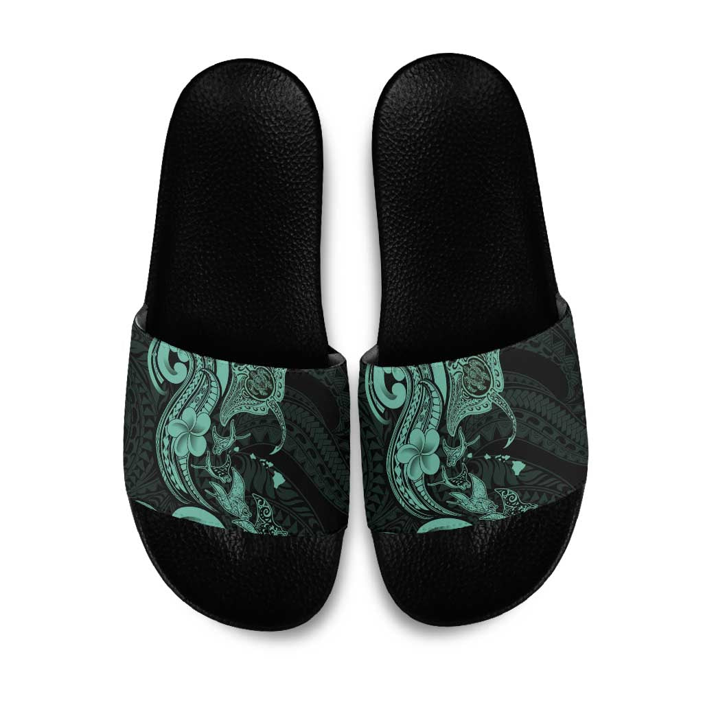 Hawaiian Manta Rays Slide Sandals Tribal Hibiscus Polynesian Tattoos Turquoise Color LT03 Turquoise - Polynesian Pride