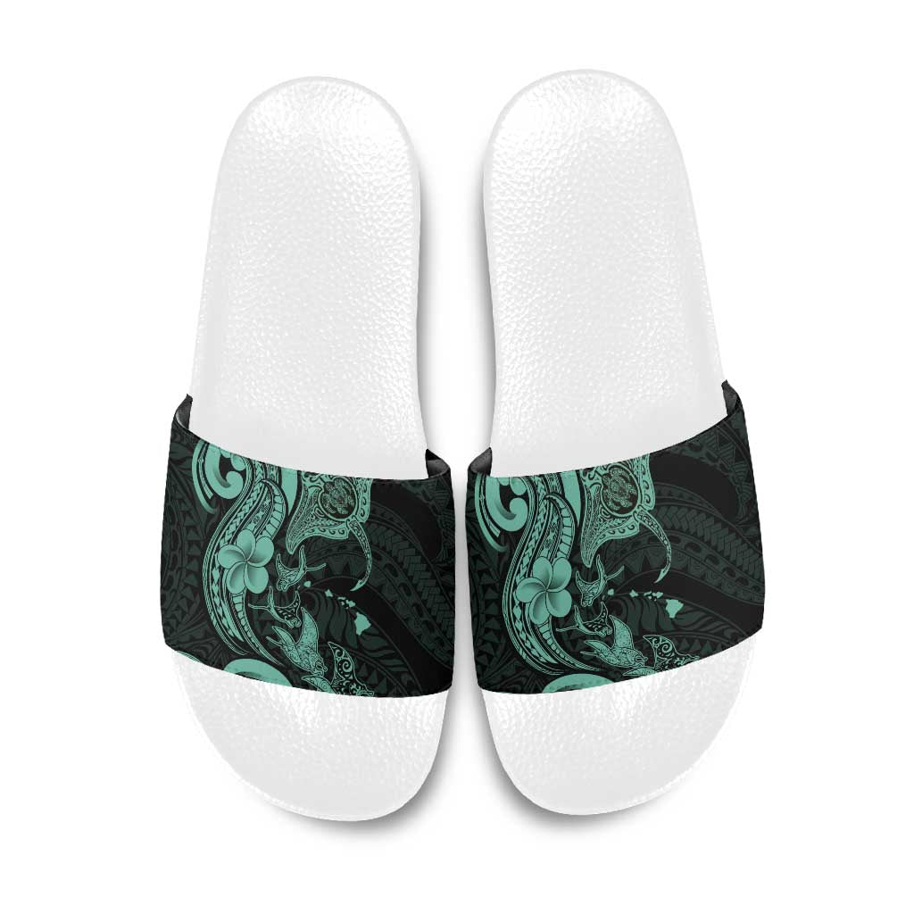 Hawaiian Manta Rays Slide Sandals Tribal Hibiscus Polynesian Tattoos Turquoise Color LT03 Turquoise - Polynesian Pride