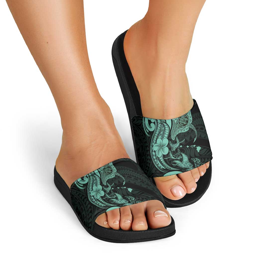 Hawaiian Manta Rays Slide Sandals Tribal Hibiscus Polynesian Tattoos Turquoise Color LT03 - Polynesian Pride