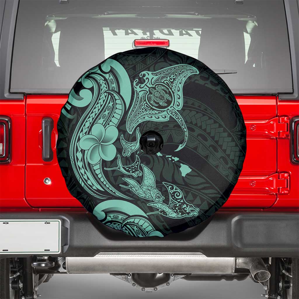 Hawaiian Manta Rays Spare Tire Cover Tribal Hibiscus Polynesian Tattoos Turquoise Color LT03 - Polynesian Pride