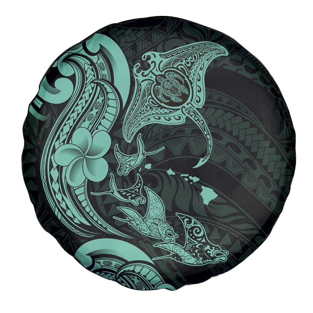 Hawaiian Manta Rays Spare Tire Cover Tribal Hibiscus Polynesian Tattoos Turquoise Color LT03 - Polynesian Pride