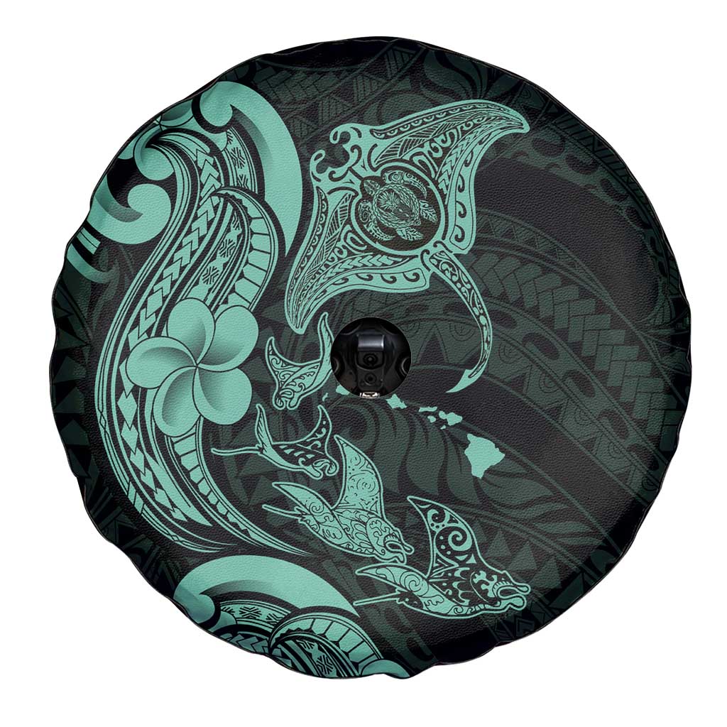 Hawaiian Manta Rays Spare Tire Cover Tribal Hibiscus Polynesian Tattoos Turquoise Color LT03 - Polynesian Pride