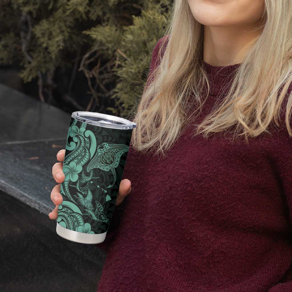 Hawaiian Manta Rays Tumbler Cup Tribal Hibiscus Polynesian Tattoos Turquoise Color - Polynesian Pride