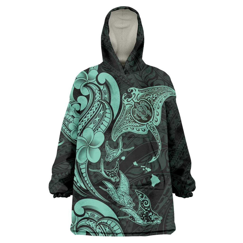Hawaiian Manta Rays Wearable Blanket Hoodie Tribal Hibiscus Polynesian Tattoos Turquoise Color LT03 One Size Turquoise - Polynesian Pride