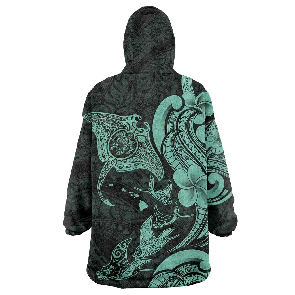 Hawaiian Manta Rays Wearable Blanket Hoodie Tribal Hibiscus Polynesian Tattoos Turquoise Color LT03 - Polynesian Pride