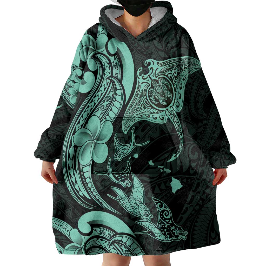 Hawaiian Manta Rays Wearable Blanket Hoodie Tribal Hibiscus Polynesian Tattoos Turquoise Color LT03 - Polynesian Pride