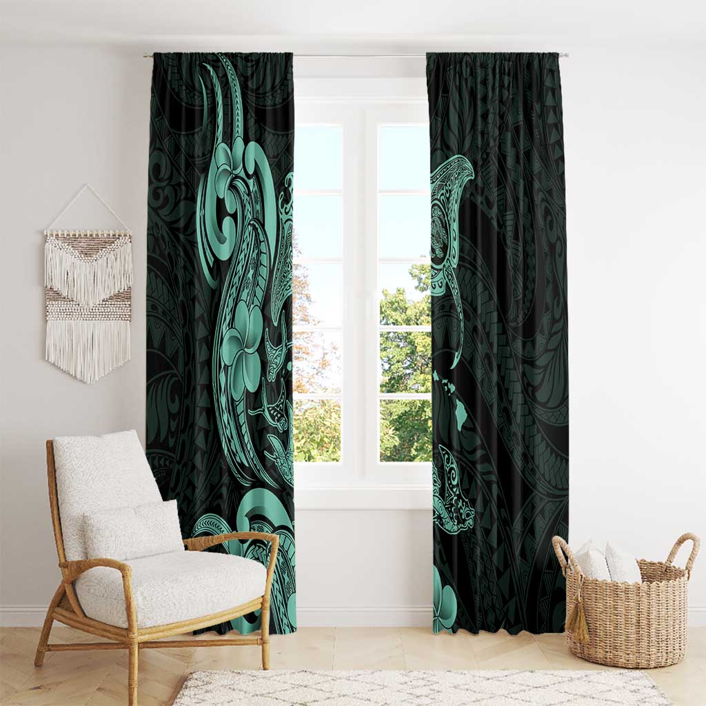 Hawaiian Manta Rays Window Curtain Tribal Hibiscus Polynesian Tattoos Turquoise Color - Polynesian Pride