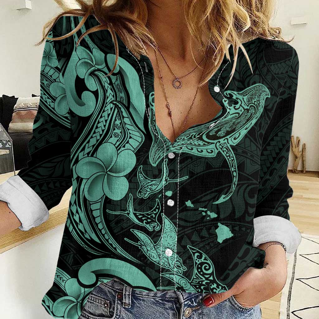 Hawaiian Manta Rays Women Casual Shirt Tribal Hibiscus Polynesian Tattoos Turquoise Color LT03 Female Turquoise - Polynesian Pride