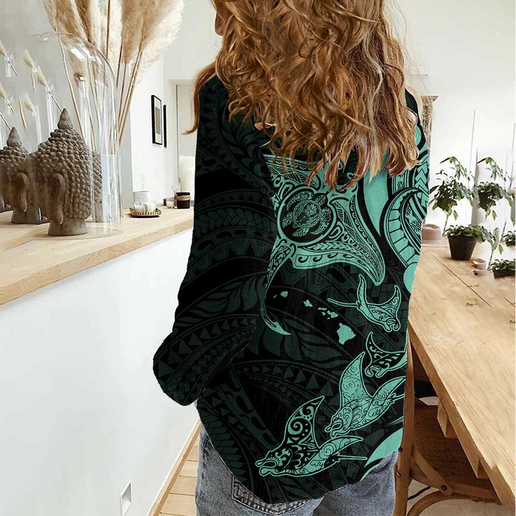 Hawaiian Manta Rays Women Casual Shirt Tribal Hibiscus Polynesian Tattoos Turquoise Color LT03 - Polynesian Pride