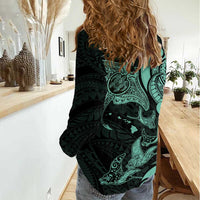 Hawaiian Manta Rays Women Casual Shirt Tribal Hibiscus Polynesian Tattoos Turquoise Color LT03 - Polynesian Pride