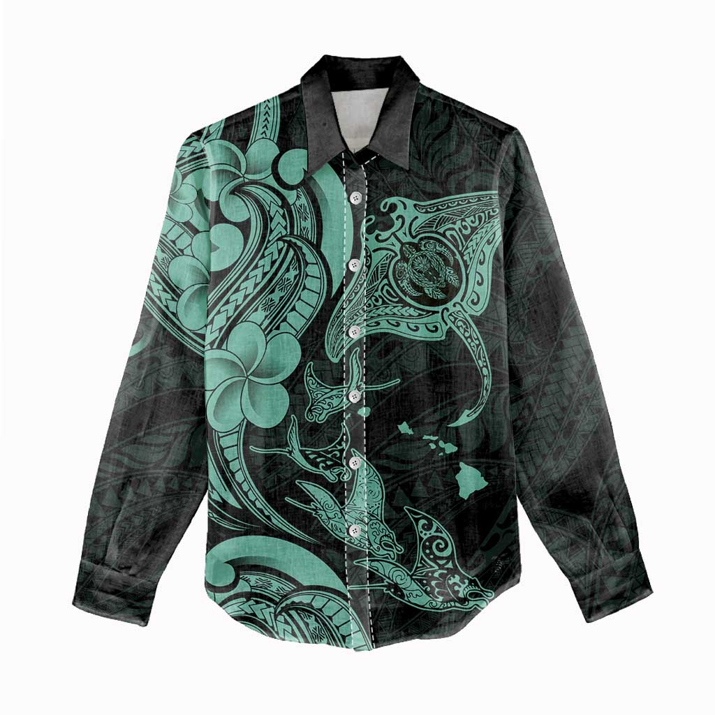 Hawaiian Manta Rays Women Casual Shirt Tribal Hibiscus Polynesian Tattoos Turquoise Color LT03 - Polynesian Pride