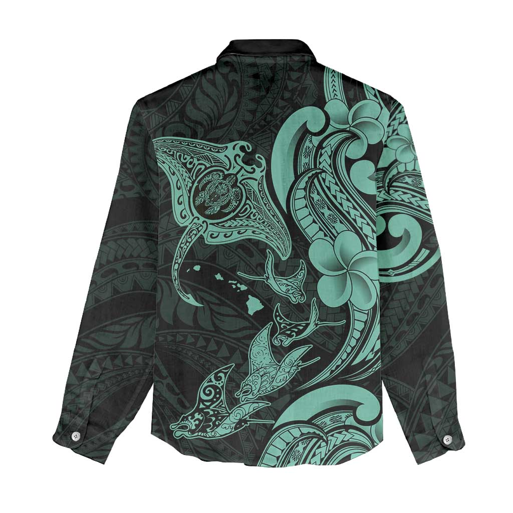 Hawaiian Manta Rays Women Casual Shirt Tribal Hibiscus Polynesian Tattoos Turquoise Color LT03 - Polynesian Pride