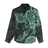 Hawaiian Manta Rays Women Casual Shirt Tribal Hibiscus Polynesian Tattoos Turquoise Color LT03 - Polynesian Pride