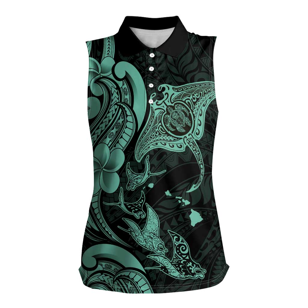 Hawaiian Manta Rays Women Sleeveless Polo Shirt Tribal Hibiscus Polynesian Tattoos Turquoise Color LT03 Female Turquoise - Polynesian Pride