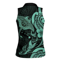 Hawaiian Manta Rays Women Sleeveless Polo Shirt Tribal Hibiscus Polynesian Tattoos Turquoise Color LT03 - Polynesian Pride