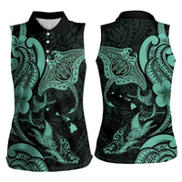Hawaiian Manta Rays Women Sleeveless Polo Shirt Tribal Hibiscus Polynesian Tattoos Turquoise Color LT03 - Polynesian Pride
