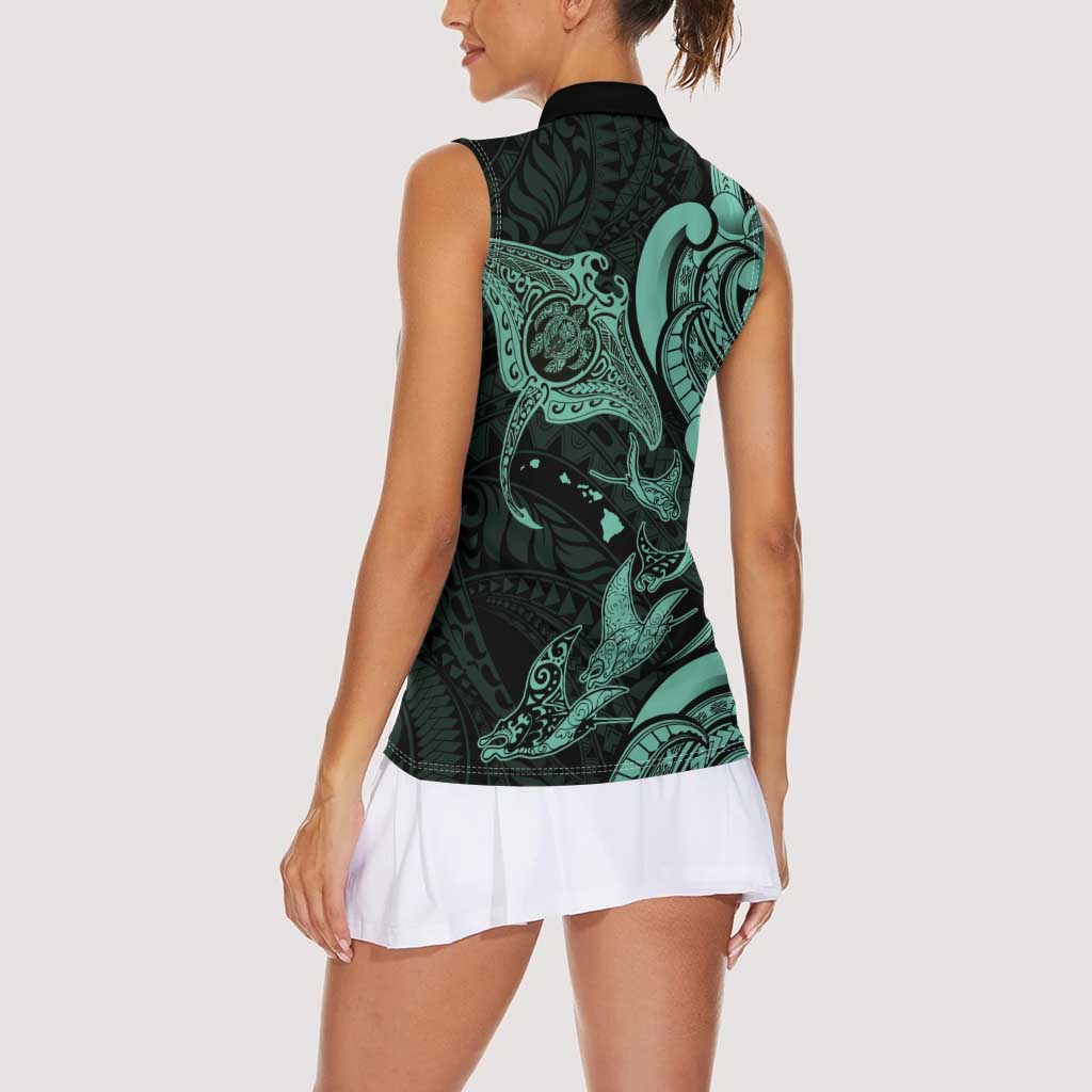 Hawaiian Manta Rays Women Sleeveless Polo Shirt Tribal Hibiscus Polynesian Tattoos Turquoise Color LT03 - Polynesian Pride