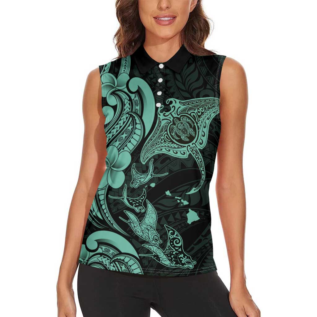 Hawaiian Manta Rays Women Sleeveless Polo Shirt Tribal Hibiscus Polynesian Tattoos Turquoise Color LT03 - Polynesian Pride