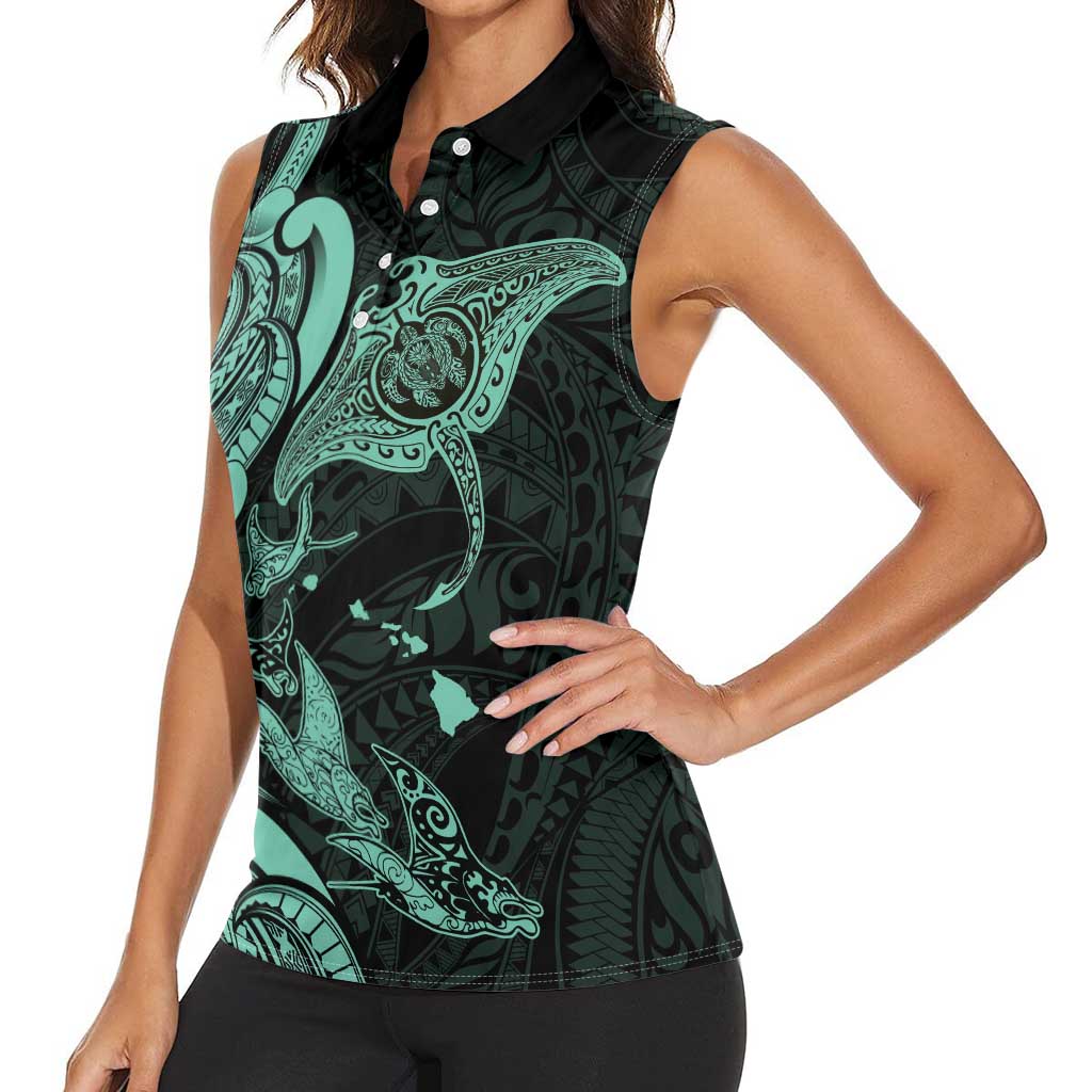 Hawaiian Manta Rays Women Sleeveless Polo Shirt Tribal Hibiscus Polynesian Tattoos Turquoise Color LT03 - Polynesian Pride