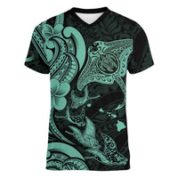 Hawaiian Manta Rays Women V-Neck T-Shirt Tribal Hibiscus Polynesian Tattoos Turquoise Color LT03 Female Turquoise - Polynesian Pride