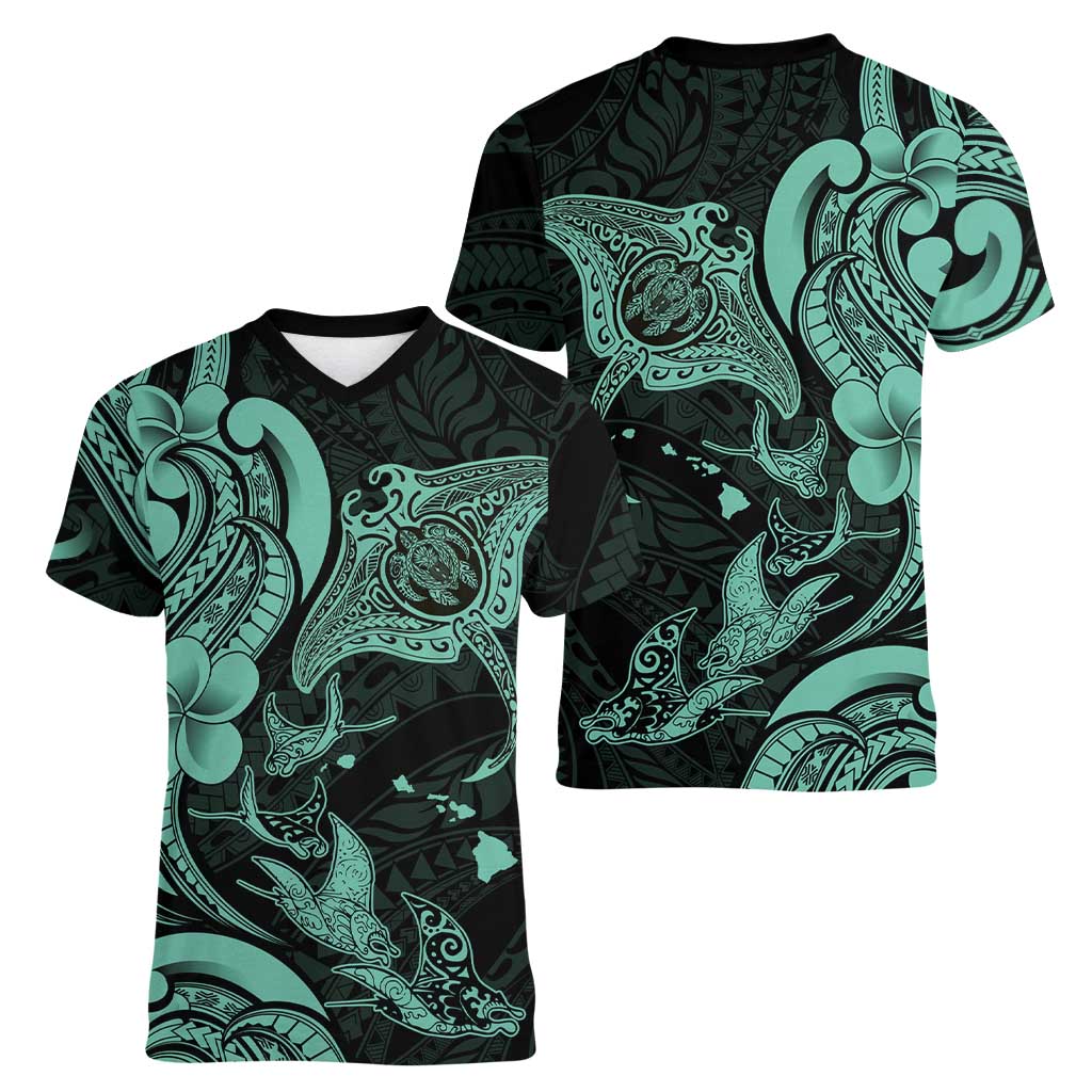 Hawaiian Manta Rays Women V-Neck T-Shirt Tribal Hibiscus Polynesian Tattoos Turquoise Color LT03 - Polynesian Pride