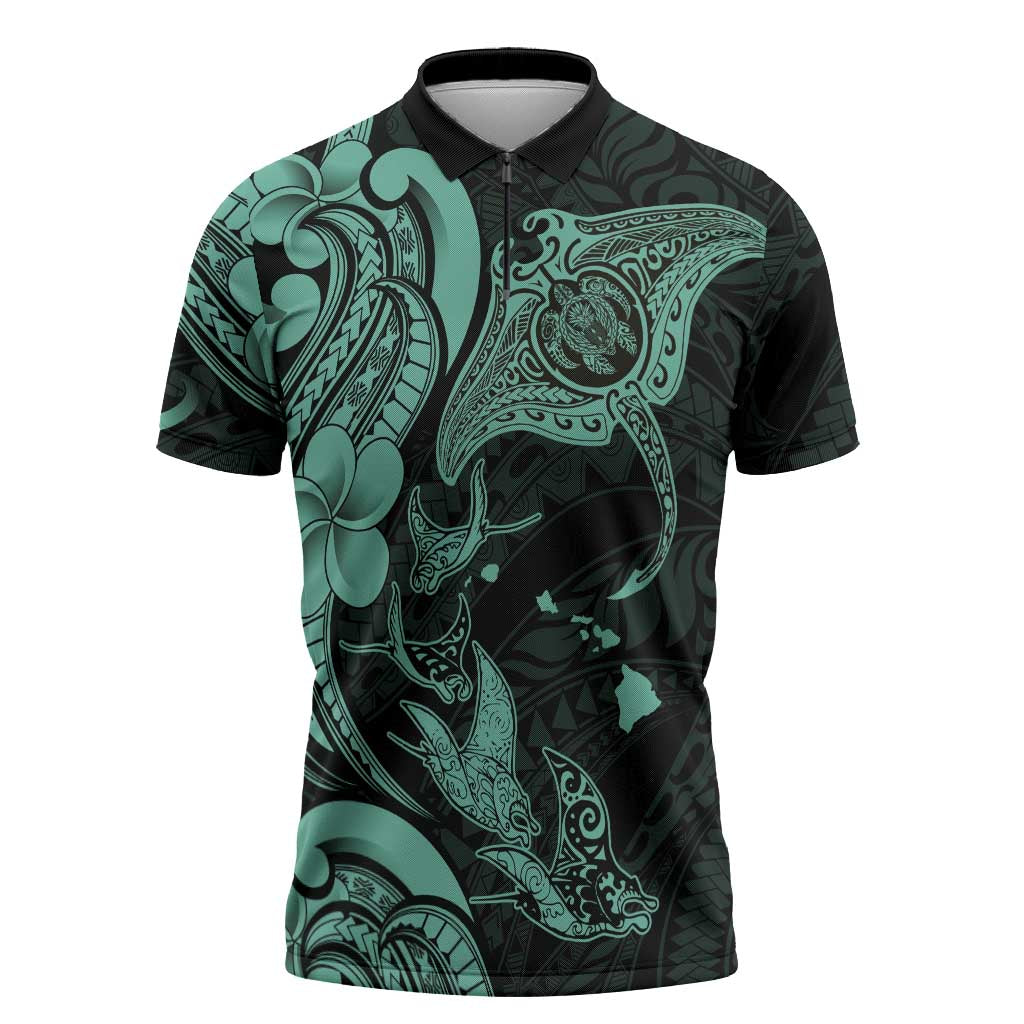 Hawaiian Manta Rays Zipper Polo Shirt Tribal Hibiscus Polynesian Tattoos Turquoise Color LT03 Turquoise - Polynesian Pride