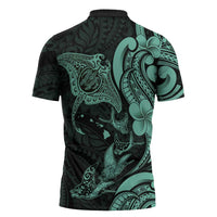 Hawaiian Manta Rays Zipper Polo Shirt Tribal Hibiscus Polynesian Tattoos Turquoise Color LT03 - Polynesian Pride