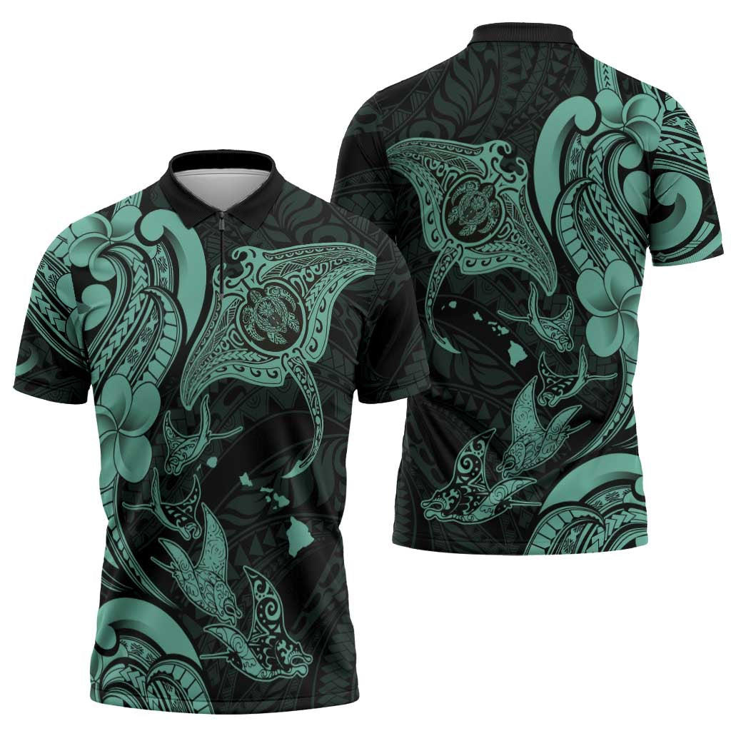 Hawaiian Manta Rays Zipper Polo Shirt Tribal Hibiscus Polynesian Tattoos Turquoise Color LT03 - Polynesian Pride