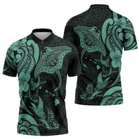 Hawaiian Manta Rays Zipper Polo Shirt Tribal Hibiscus Polynesian Tattoos Turquoise Color LT03 - Polynesian Pride