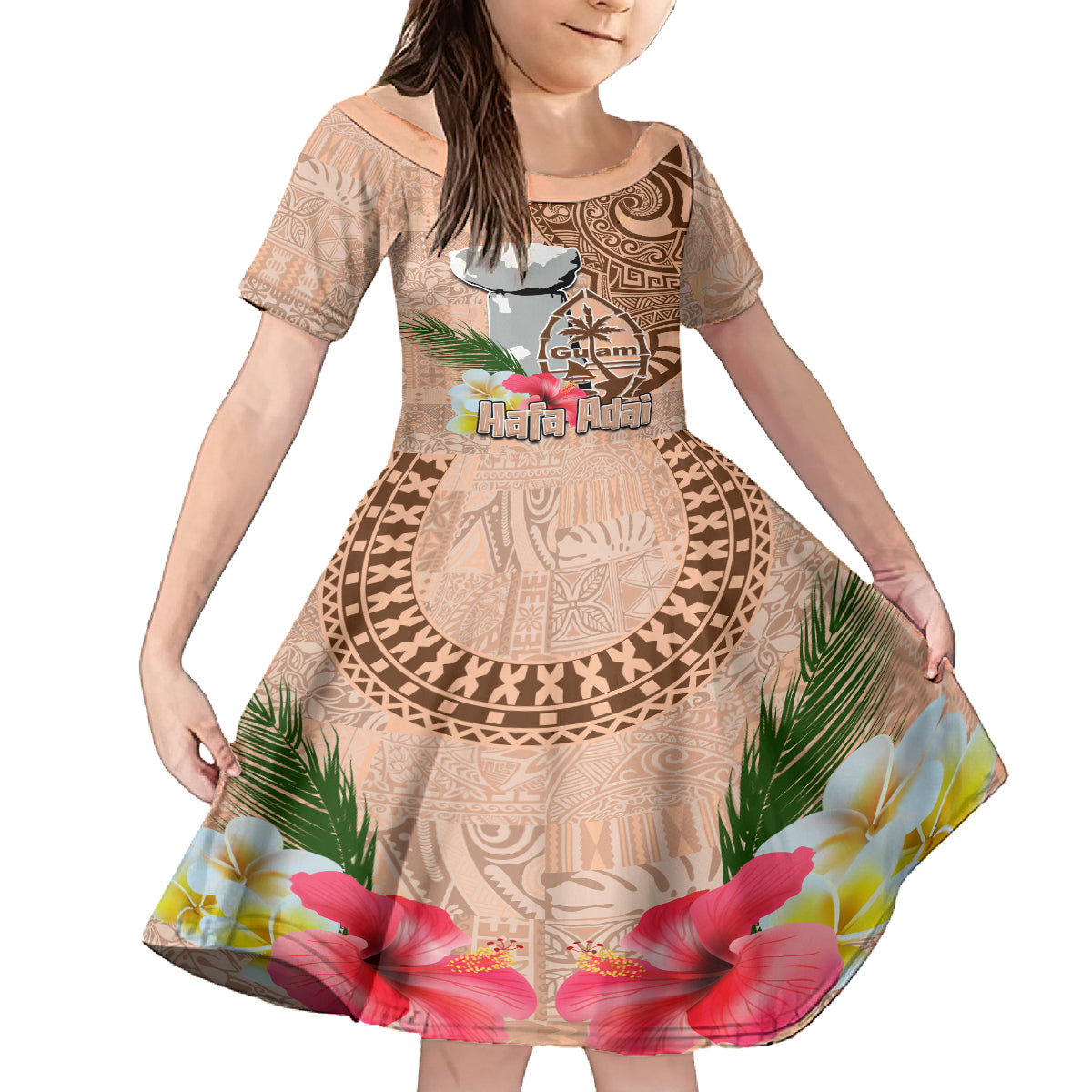 Guam Seal and Latte Stone With Ethnic Tapa Pattern Family Matching Off Shoulder Long Sleeve Dress and Hawaiian Shirt Peach Fuzz Color LT03 Daughter's Dress Peach Fuzz - Polynesian Pride