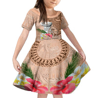 Guam Seal and Latte Stone With Ethnic Tapa Pattern Family Matching Off Shoulder Long Sleeve Dress and Hawaiian Shirt Peach Fuzz Color LT03 Daughter's Dress Peach Fuzz - Polynesian Pride