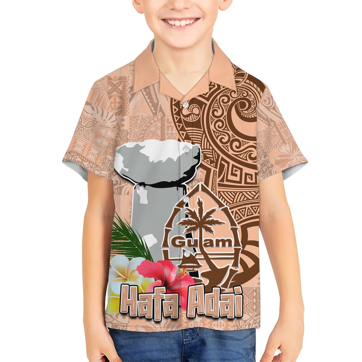 Guam Seal and Latte Stone With Ethnic Tapa Pattern Hawaiian Shirt Peach Fuzz Color LT03 - Polynesian Pride