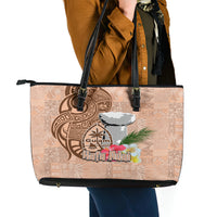 Guam Seal and Latte Stone With Ethnic Tapa Pattern Leather Tote Bag Peach Fuzz Color LT03 - Polynesian Pride