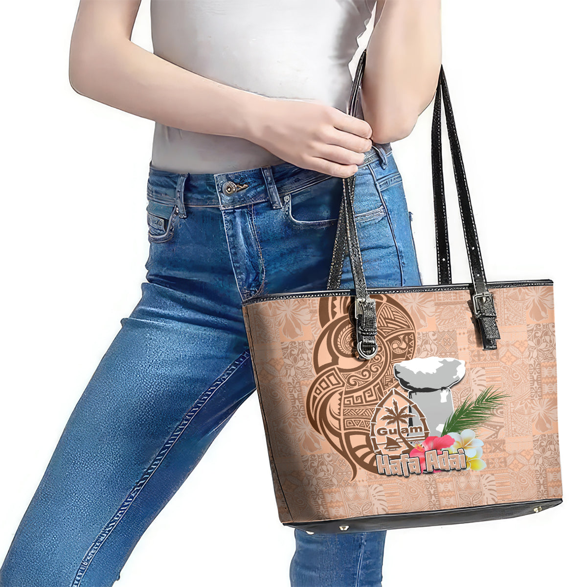 Guam Seal and Latte Stone With Ethnic Tapa Pattern Leather Tote Bag Peach Fuzz Color LT03 - Polynesian Pride