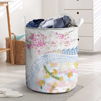 Hawaiian and Japanese Culture Together Laundry Basket Tribal Motifs with Lei and Japanese Sakura Pattern LT03 White - Polynesian Pride