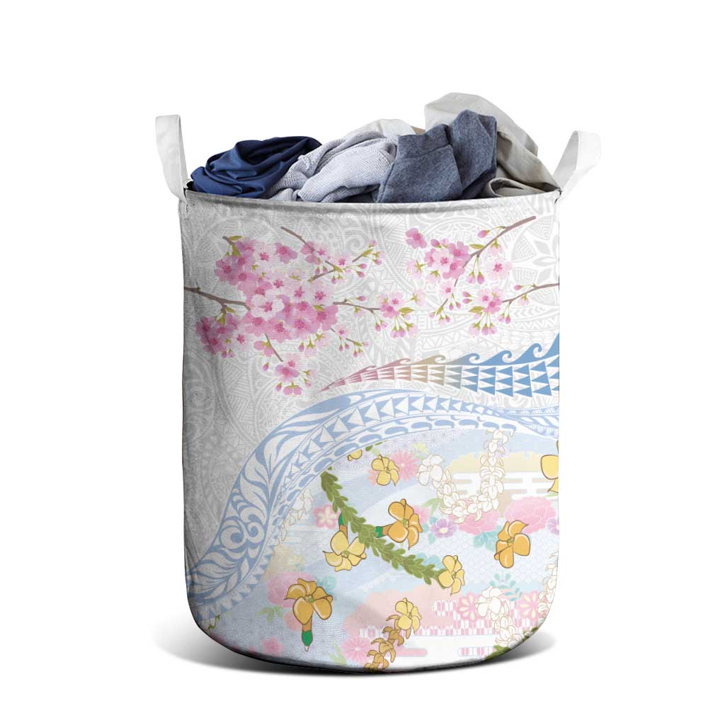 Hawaiian and Japanese Culture Together Laundry Basket Tribal Motifs with Lei and Japanese Sakura Pattern LT03 - Polynesian Pride