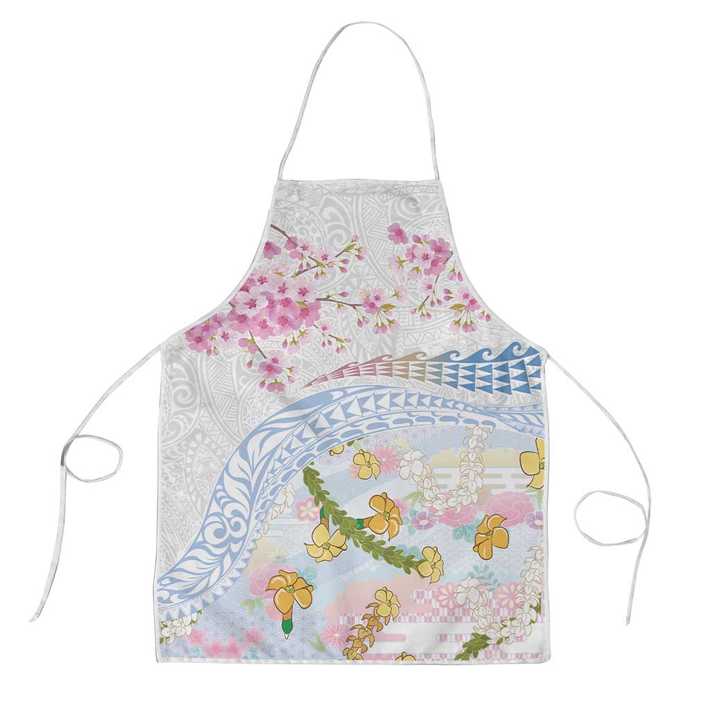 Hawaiian and Japanese Culture Together Apron Tribal Motifs with Lei and Japanese Sakura Pattern LT03 White - Polynesian Pride