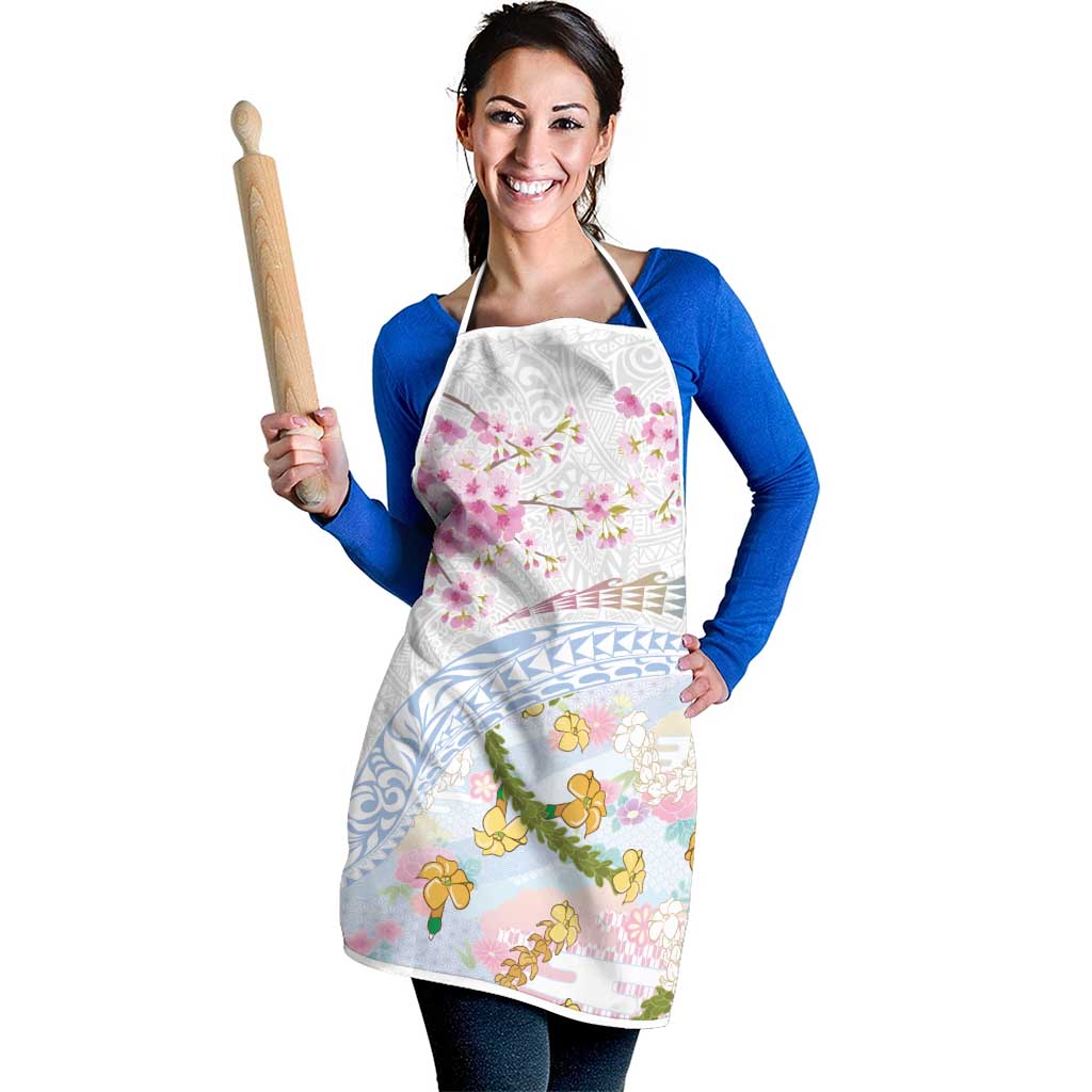 Hawaiian and Japanese Culture Together Apron Tribal Motifs with Lei and Japanese Sakura Pattern LT03 - Polynesian Pride